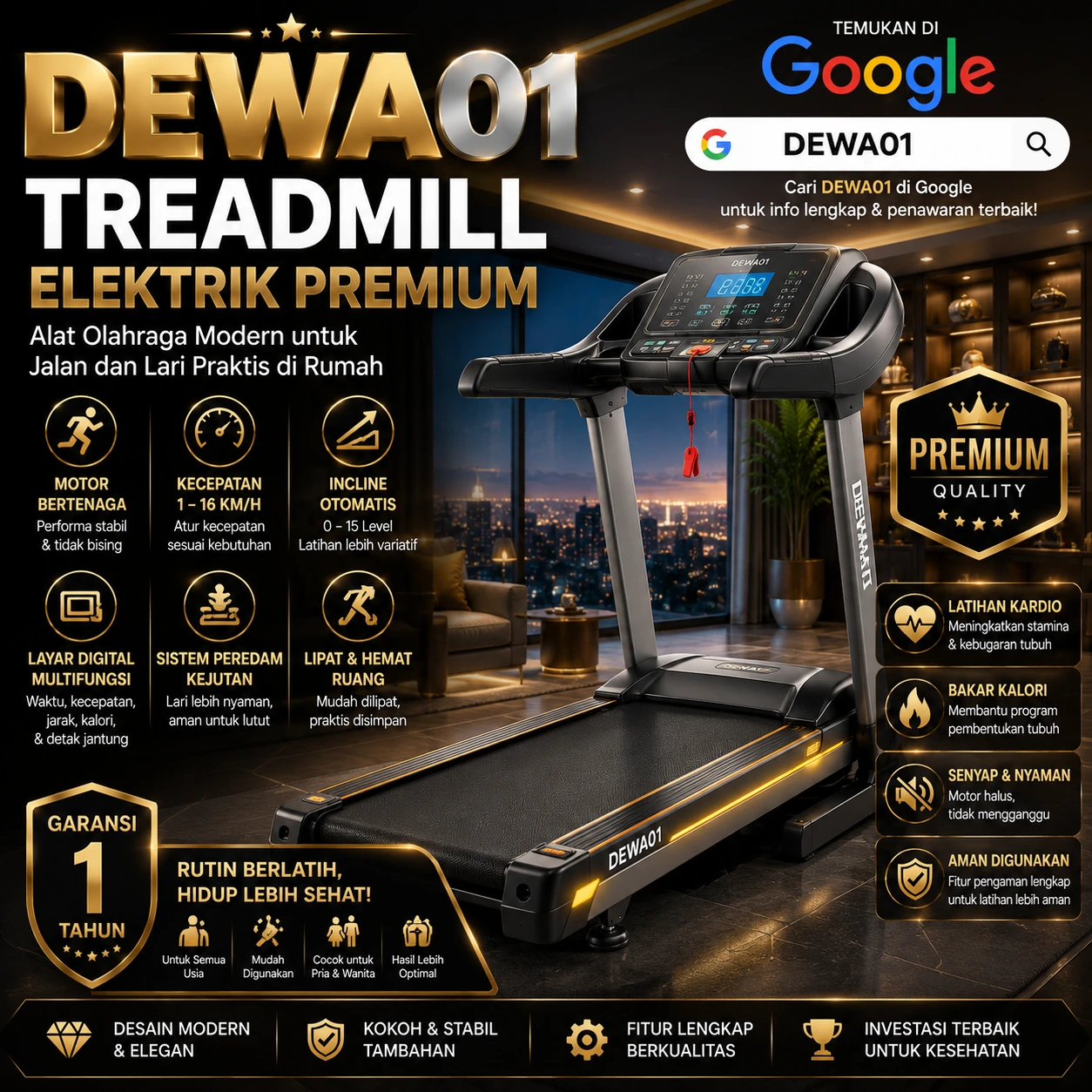 DEWA01 Treadmill Elektrik Premium – Alat Olahraga Modern untuk Jalan dan Lari Praktis di Rumah.